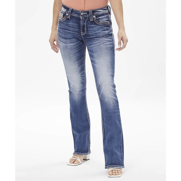 Rock Revival Medium Blue Hibiscus Bootcut Jeans Women's Size 26 NWT - Picture 1 of 5